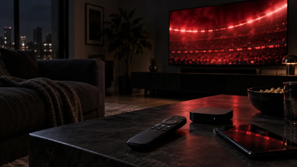 Remote, streaming box and phone in a dark living room