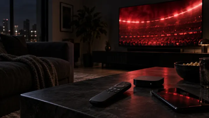 Remote, streaming box and phone in a dark living room