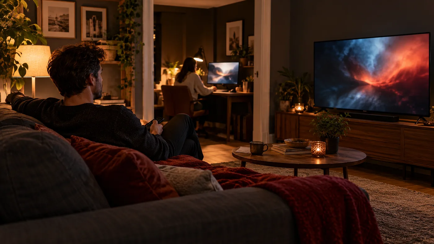 Illustrative scene of two people watching on separate household screens