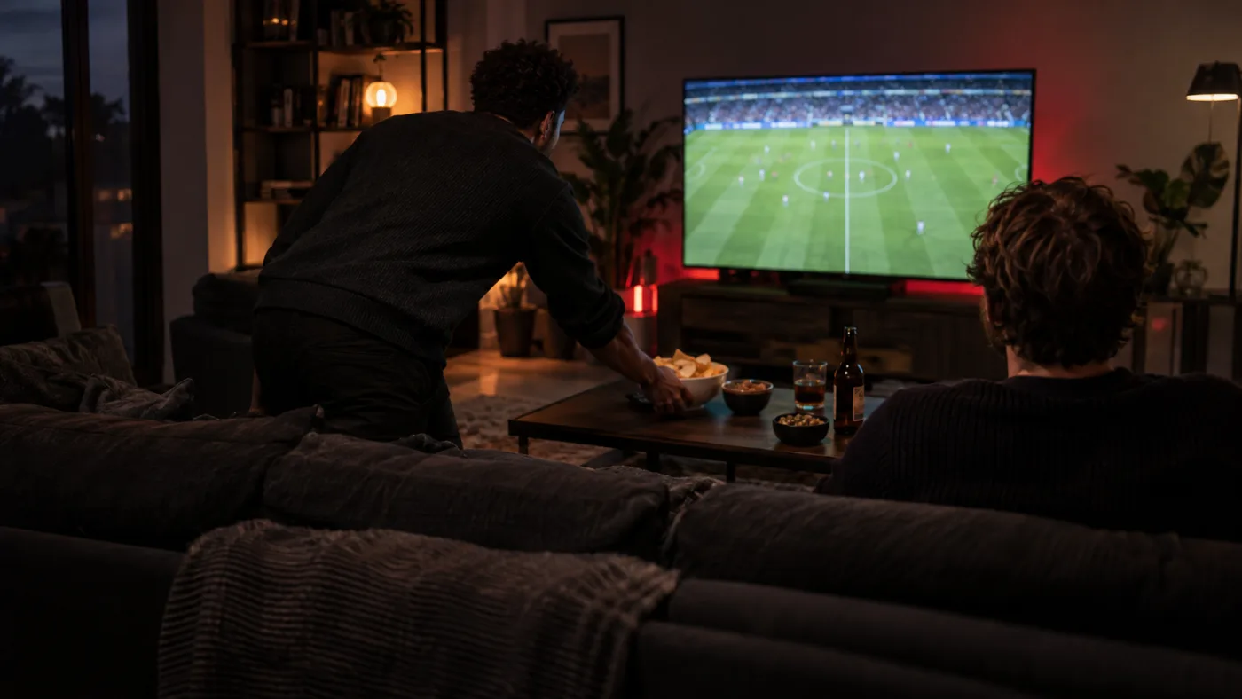 Two friends settling in for a football match at home