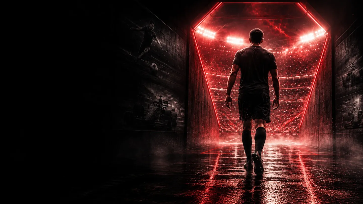 A football player entering a vast red-lit stadium through a rain-slick tunnel